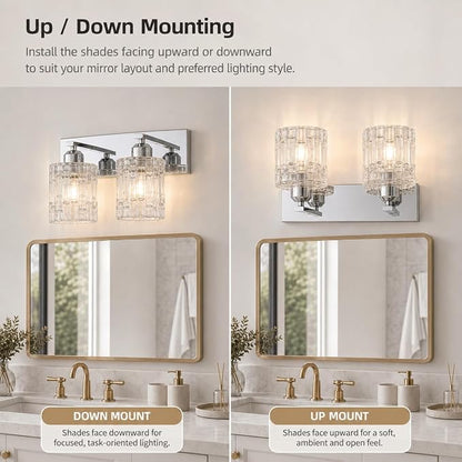 Chrome 2-Light Crystal Bathroom Vanity Light Fixture Over Mirror, Modern Bathroom Wall Light for Living Room, Bedroom, Hallway