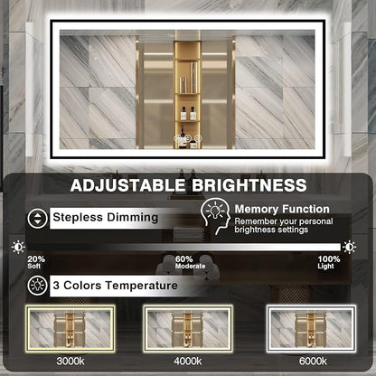 EchosLife 72x36 Bathroom Mirror with Lights - Black Aluminum Framed | Black Frame, Front and Backlit, Anti-Fog, Stepless Dimmable, 3 Colors, Memory, Tempered Glass, UL Listed, Horizontal/Vertical