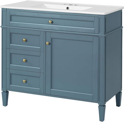 Merax 36 Inch Bathroom Vanity with Top Sink, Modern Bathroom Storage Cabinet with 2 Drawers and a Tip-Out Drawer, Solid Wood Frame Single Sink Bath Vanities, Indigo Blue