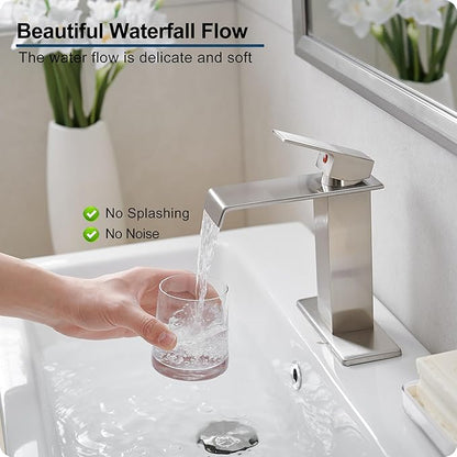 Brass Brushed Nickel Waterfall Faucet, Single Handle Bathroom Faucet, 4 Inch - 1 or 3 Hole with Deck Plate & Pop-Up Drain