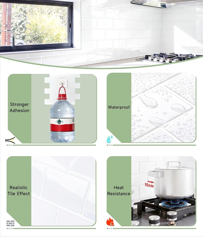 Peel and Stick Backsplash for Kitchen: Self Adhesive Wall Tiles for Bathroom - Vinyl Thick Back Splash Tile (10, Vinyl White)