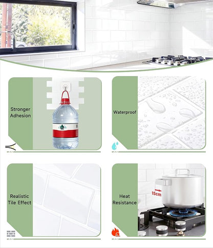 Peel and Stick Backsplash for Kitchen: Self Adhesive Wall Tiles for Bathroom - Vinyl Thick Back Splash Tile (10, White)