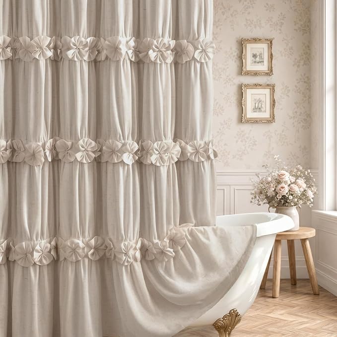 Ruffle Farmhouse Linen Shower Curtain with Vintage Bow Beige 72" W x 72" H | Linen Blend Fabric, Ruffle Bow and Ruffled Hem，Linen Texture，Machine Washable，12 Metal Holes and Plastic Hooks
