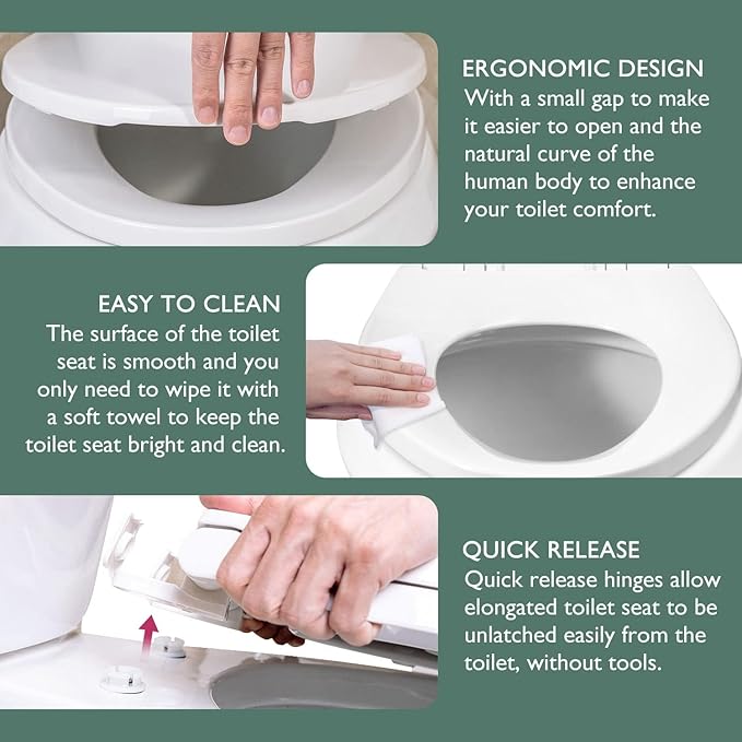 WSSROGY Toilet seat Elongated with Slow Close Hinges, Four Bumpers Never Loosen and Easily Remove, Two Sets of Parts, Plastic, White