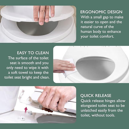 WSSROGY Toilet seat Elongated with Slow Close Hinges, Four Bumpers Never Loosen and Easily Remove, Two Sets of Parts, Plastic, White