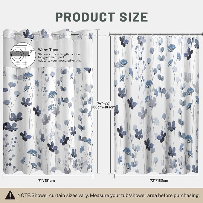 No Hook Floral Shower Curtain with Liner, Blue White, 71x74 | Snap in Liner, 3 in 1, Water Repellent, Easy Install, Machine Washable, Hotel Style for Bathroom, Watercolor Pattern