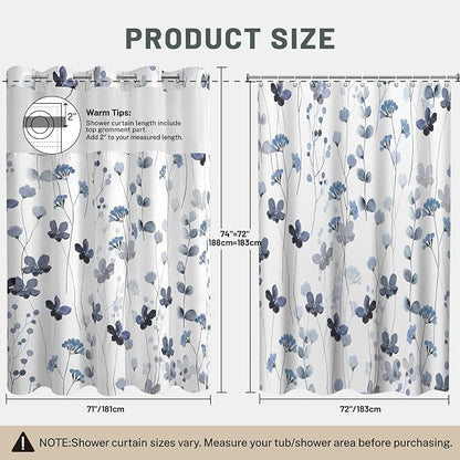 No Hook Floral Shower Curtain with Liner, Blue White, 71x74 | Snap in Liner, 3 in 1, Water Repellent, Easy Install, Machine Washable, Hotel Style for Bathroom, Watercolor Pattern