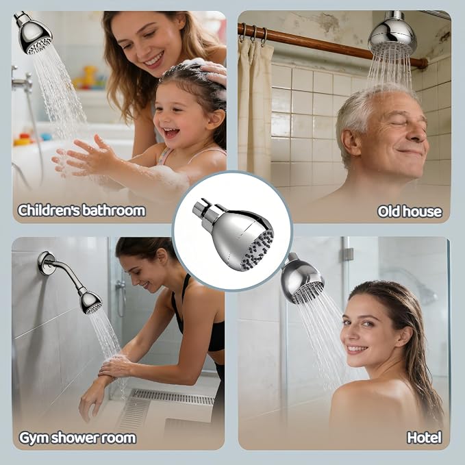 High Pressure Shower Head with 45 Self-Cleaning Nozzles, 360° Brass Ball Joint, Anti-Clogging & Leakproof, Powerful Jet for Low Water Pressure, SPA Rainfall Experience