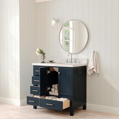 ARIEL Cambridge 36-inch Bathroom Vanity with Sink,Solid Wood, 1.5-inch Italian Carrara Marble Countertop, Single Rectangular Porcelain Sink, 2 Soft Closing Doors, 5 Dovetail Drawers, Midnight Blue