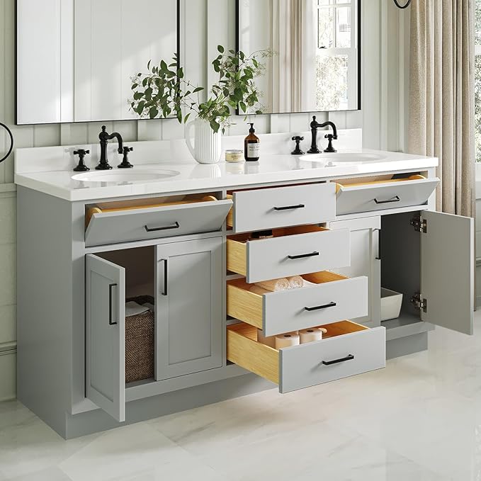 ARIEL Hepburn 72-inch Bathroom Vanity with Sink,Solid Wood, 1.5-inch Pure White Quartz Countertop & Backsplash, Double Oval Porcelain Sink, 4 Soft Closing Doors, 6 Dovetail Drawers, Grey