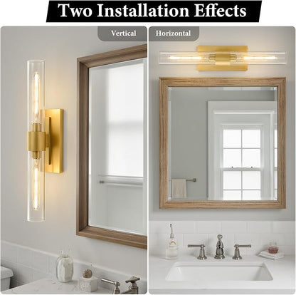Champagne Brass Bathroom Wall Sconce: Set of 2 Modern Gold Decor Lighting | Clear Glass Tube Minimalist Vanity Sconces, Vertical or Horizontal Dimmable Brushed Light Fixture for Indoor Hallway Bedroom
