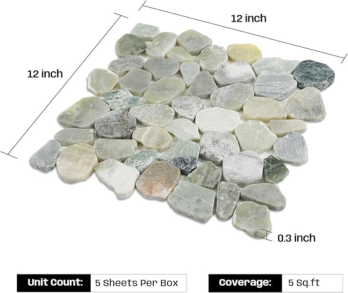 Green Pebble Tile for Shower Floor, 12"X12" Stone Backsplash Tiles | Slip-resistant Pebble for Bathroom, Kitchen, Shower Floors, Walls & Outdoor Areas, Mesh-Backed Easy to Install, 5 SqFt