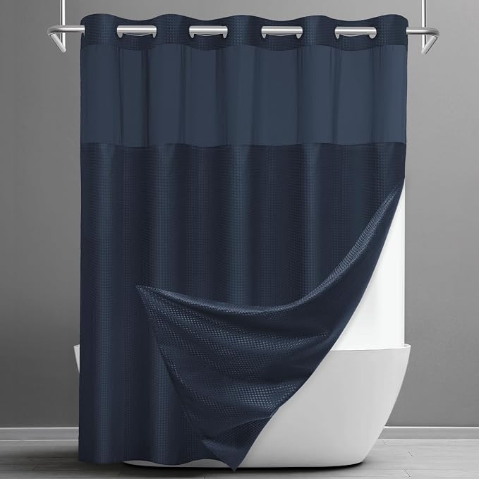 SORTTO No Hook Shower Curtain with Snap in Liner Set Waffle Shower Curtain for Bathroom Hotel Style Fabric Waterproof Inner Liner，71" W x 80" H, Navy Blue