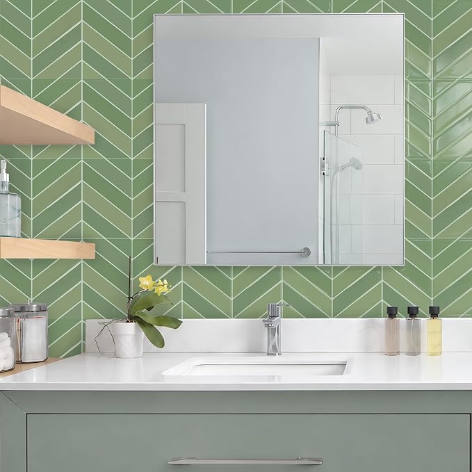 STICKGOO Herringbone Peel and Stick Backsplash, Olive Green, 10 Sheets | 12.6 x 9.7 in, Thicker Rectangular Vinyl Stick-On Wall Tiles, Easy Alignment, Waterproof, Easy to Clean, Kitchen/Bathroom