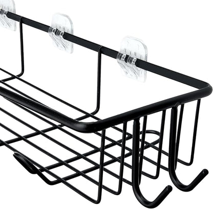 Amazon Basics Shower Shelves Organizer，5-Piece Stainless Steel Caddy Set with Soap Holder and Brush Holder, Adhesive Mount, Black