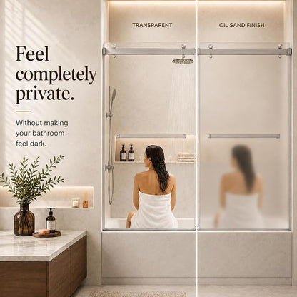 Frosted Sliding Shower Door for Bathtub, 56-60" W x 60" H-1/4” (6mm), Frosted Glass Shower Door with 4" Left Adjustable Width, 304 Stainless Steel Hardware, Bottom Water Seal, Brushed Nickel