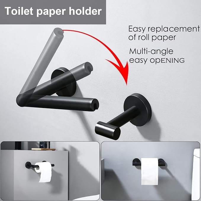 Matte Black Flip Toilet Paper Holder and Hand Towel Ring Set 2 Pieces Bathroom Hardware Accessories Set SUS 304 Stainless Steel Heavy Duty Wall Mounted Bathroom Holder