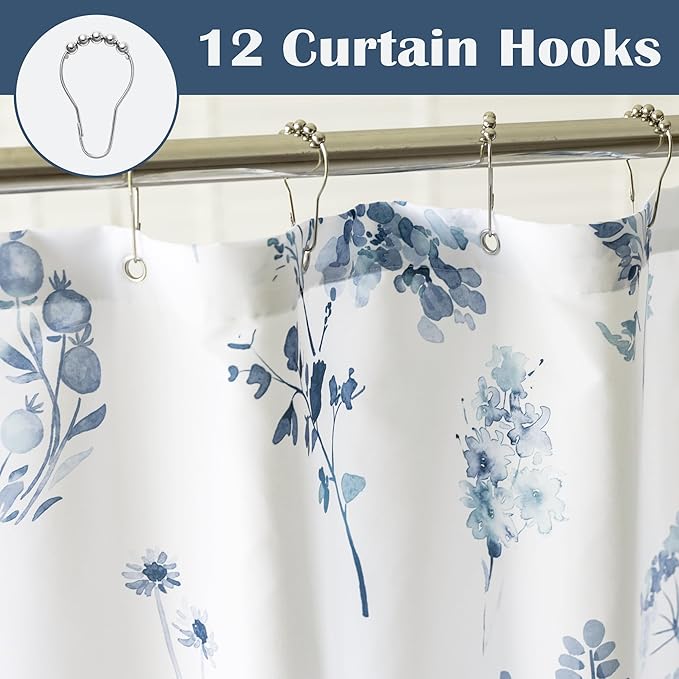 Navy Blue and White Floral Shower Curtain,Waterproof Fabric Watercolor Pattern Preppy Boho Farmhouse Style Ocean Theme Nautical Shower Curtains for Bathroom Set with Hooks 72X72