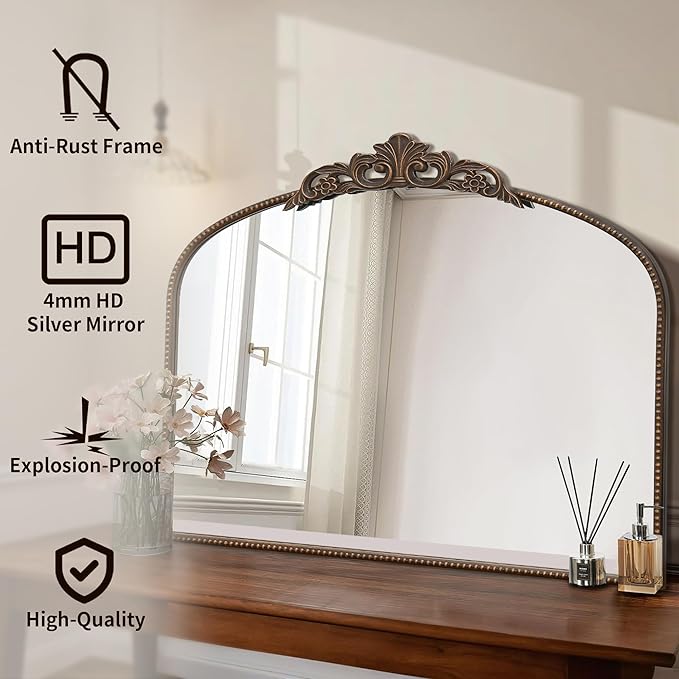 Micasso Vintage Bronze Arched Mirror: 36"x29" Baroque Antique Wall Mirror | Traditional Ornate French Decorative Wall Mirror for Bedroom/Bathroom/Entryway/Hallway/Dresser/Vanity/Mantel/Nightstand