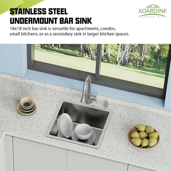 18x18 In Undermount Kitchen And Bar Sink- Stainless Steel Single Bowl Kitchen Sink Modern Drop In Bar Sink With Silicon Mat,Drain Strainer Set Compatibility With Various Kitchen & Bar Style