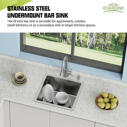 18x18 In Undermount Kitchen And Bar Sink- Stainless Steel Single Bowl Kitchen Sink Modern Drop In Bar Sink With Silicon Mat,Drain Strainer Set Compatibility With Various Kitchen & Bar Style