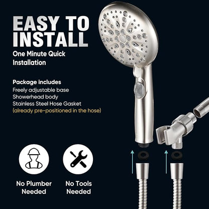 Cobbe 9 Spray Modes Handheld Shower Head, Water-Saving, Brushed Nickel | Power Rinse, 1-Click Pause & Flow Control, 6ft Stainless Steel Hose, Adjustable Brass Bracket