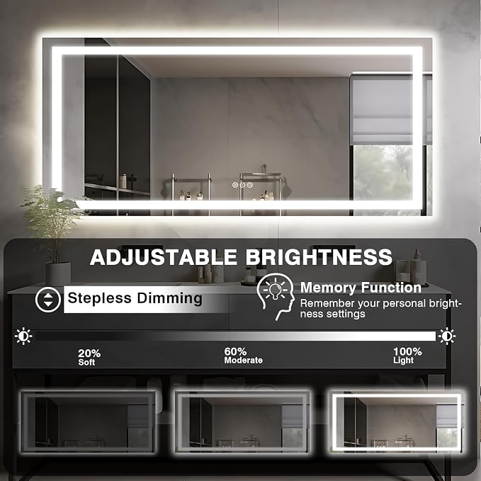 EchosLife Large 84"x40" Light up Bathroom Mirror | Backlit + Front Lit, Anti-Fog, Stepless Dimmable, 3 Colors, Memory, Tempered Glass, UL Listed, Horizontal/Vertical