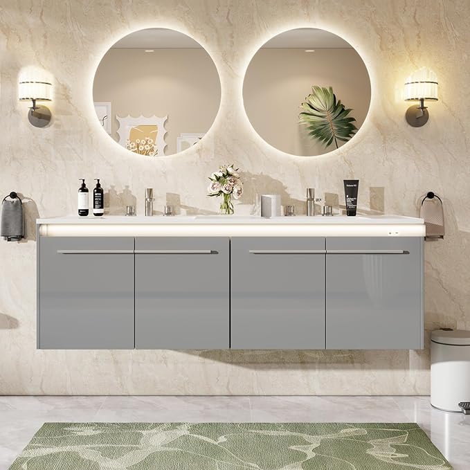AMERLIFE 60" LED Floating Bathroom Double Vanity with Sink, Modern High Gloss Wall Mounted Bathroom Storage Cabinet with 3 Hole Sink, Metal Handles & Soft Closing Doors, Grey