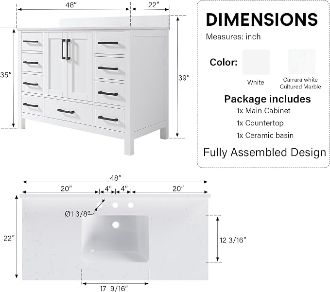 48-Inch Bathroom Vanity with Sink, 2 Soft-Close Doors and 9 Soft-Close Drawers, Bathroom Freestanding Vanity with Cultured Marble Countertop, Bathroom White Vanity with Matte Black Handles