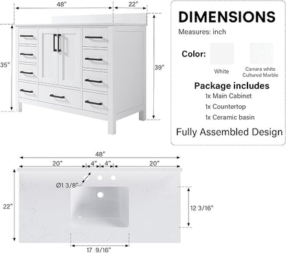 48-Inch Bathroom Vanity with Sink, 2 Soft-Close Doors and 9 Soft-Close Drawers, Bathroom Freestanding Vanity with Cultured Marble Countertop, Bathroom White Vanity with Matte Black Handles