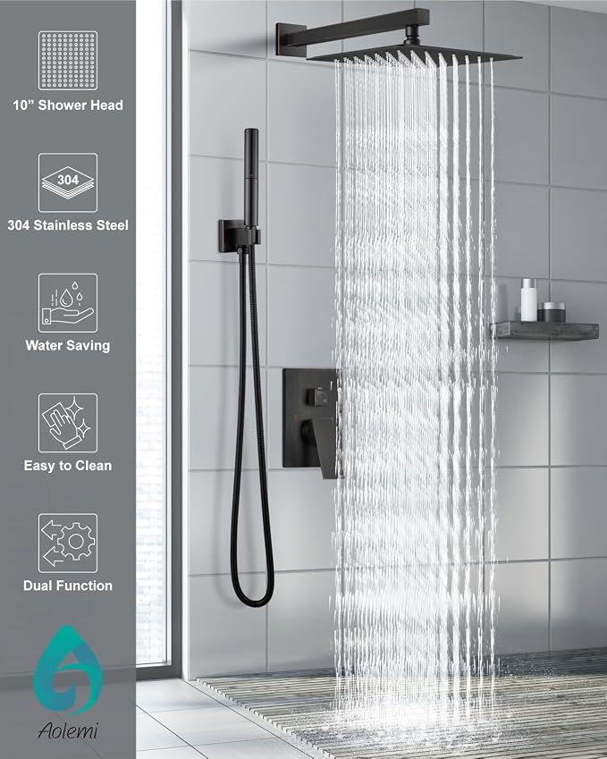 Aolemi Shower System with Rain Head and Handheld,10-Inch,Bronze | High-Pressure Shower Faucet Set with Dual-Function Handheld,Rough-In Valve,1.8 GPM,Wall-Mount Trim Kit