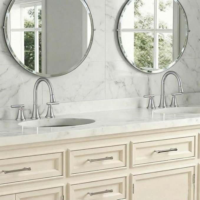 8 Inch Pull Out Sprayer Bathroom Faucet 3 Hole, Widespread 2 Handle Sink Faucet with Pop Up Drain and Supply Lines, Stainless Steel for Vanity, RV, Brushed Nickel