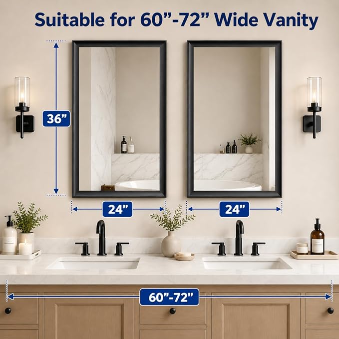 2 Pack Black Bathroom Mirrors for Over Sink 24x36 Inch | Rectangle Wall Vanity Mirror for Bedroom, Entryway, Living Room Decor, Aluminum Alloy Framed, Anti-Rust