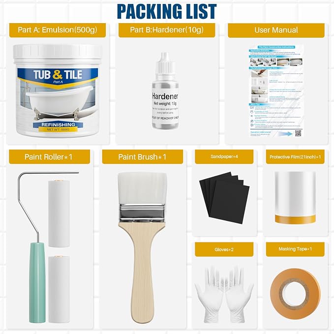 Tub and Tile Paint, Tub Refinishing Kit Water Based, 16.5oz White Quick-Dry Tile Paint for Wall & Floor, Sink Bathtub Paint for Bathroom, Kitchen, Toilets,