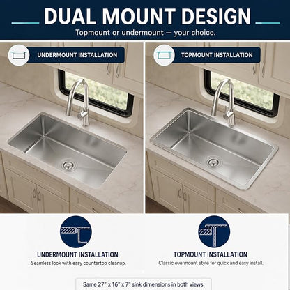Kitsitchen RV Ktichen Sink,16 Gauge T304 Stainless Steel Undermount Kitchen Sinks with Sink Drain Strainer & Bottom Gird, 27" x 16" x 7" Single Bowl Drop In Kitchen Sink for RV, Outdoor and Bathroom