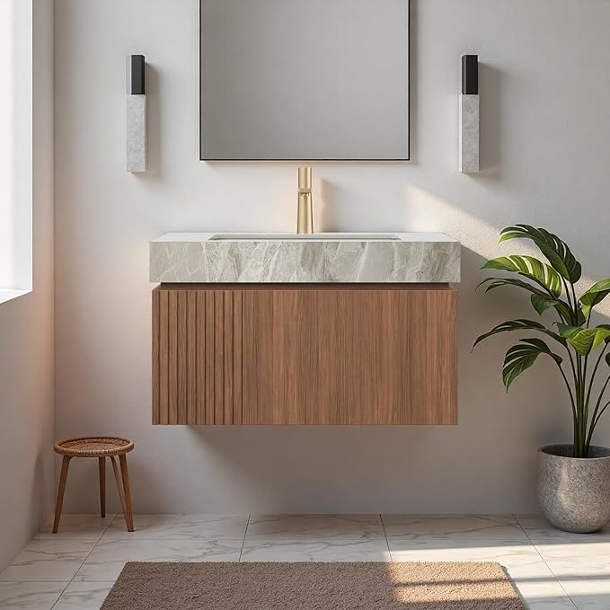 30" Bathroom Vanity with Sink, Wall-Mounted Plywood Bathroom Storage Cabinet with Ceramic Basin & Sintered Stone Countertop, Modern Pre-Assembled Floating Vanity with Drawer & Door, Brown Oak