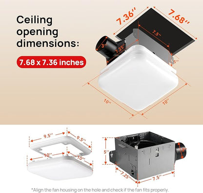 Consciot 50 CFM Bathroom Exhaust Fan with Light, Super Quiet 1.0 Sone, Suitable for mounting Hole 7.68 x 7.36 inches, 1000lm LED Light 5CCT Selectable & Nightlight, Bathroom Vent Fan for Ceiling