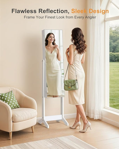 Nicetree Freestanding Jewelry Cabinet, Full Length Mirror, Moon White | Jewelry Armoire Organizer, Lockable Jewelry Storage Cabinet, Frameless Mirror, 3 Adjustable Angles,Gift Idea,Quick Assembly