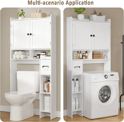 RRX Over The Toilet Storage Cabinet, Bathroom Above Organizer (Milky White) | Free Standing Toilet Rack with Adjustable Shelf and Open Storage, Double Doors, Space Saver, 30.7" L x 7.87 "W x 65.7 "H