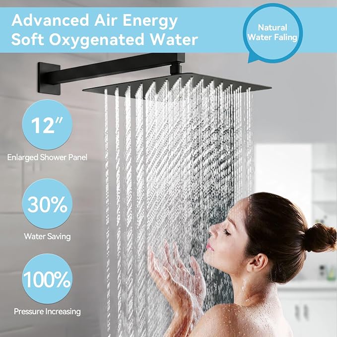 Shower System with Body Jets, Bostingner Four Modes Shower Faucet 12+6" Rain Shower Head with Handheld Spray 2 Ways, 4Pcs Shower Jets System in Wall Shower Faucet Sets Complete, Matte Black