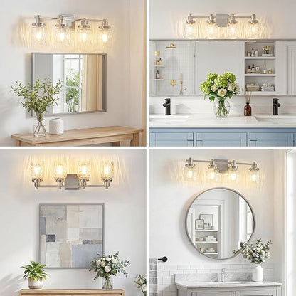 4 Light Bathroom Vanity Light Fixtures Modern Brushed Nickel | ETL Certificate, Easy to Install,Wall Mount Up or Down,Hammered Glass Lampshade,E26 Socket,Hardwired,120V