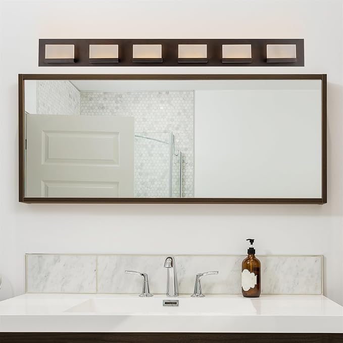 Kira Home Everett 48" Modern Integrated LED 6-Light Bathroom Vanity Light | 60W 3000K Warm White Light, Minimalist Bathroom Wall Sconce with Frosted Acrylic Blocks, Oil Rubbed Bronze Finish