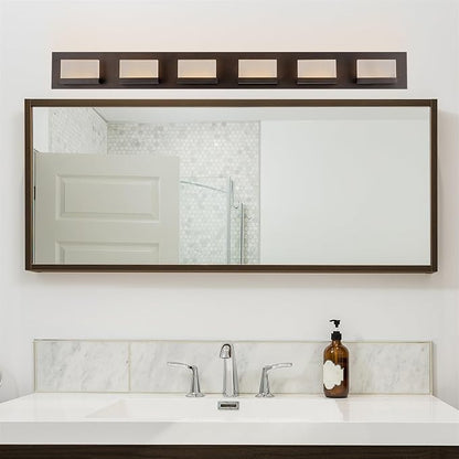 Kira Home Everett 48" Modern Integrated LED 6-Light Bathroom Vanity Light | 60W 3000K Warm White Light, Minimalist Bathroom Wall Sconce with Frosted Acrylic Blocks, Oil Rubbed Bronze Finish