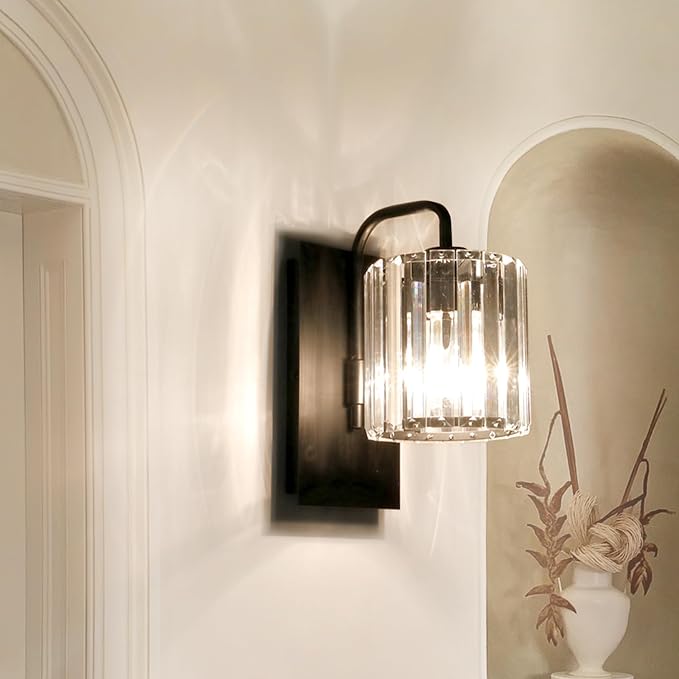 Wall Sconce,Crystal Wall Sconce,Black Wall Light Fixtures Indoor | 10 Inch Modern Wall Lighting Black Sconce for Living Room Hallway Bedroom Bathroom, 2 Crystal Strip Rplacement, E26