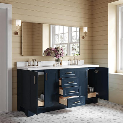 ARIEL Taylor 72-inch Bathroom Vanity with Sink,Solid Wood, 1.5-inch Pure White Quartz Countertop, Double Rectangular Porcelain Sink, 4 Soft Closing Doors, 6 Dovetail Drawers, Midnight Blue