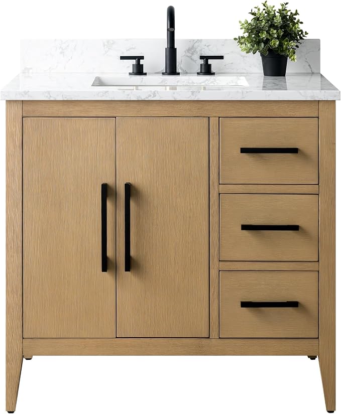 36 Inch Bathroom Vanity with Sink & Ceramic Top, Single Vanity Cabinet with Basin, Soft-Closing Doors & Matte Black Hardware, Natural Oak