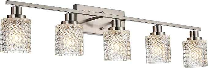 MELUCEE 5 Lights Brushed Nickel Bathroom Light Fixture with Hammered Glass | Modern Light Fixtures Wall Mounted Vanity Lighting with Hammered Glass Shade Suitable for Bathroom Mirror Sink Cabinet