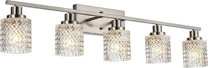 MELUCEE 5 Lights Brushed Nickel Bathroom Light Fixture with Hammered Glass | Modern Light Fixtures Wall Mounted Vanity Lighting with Hammered Glass Shade Suitable for Bathroom Mirror Sink Cabinet