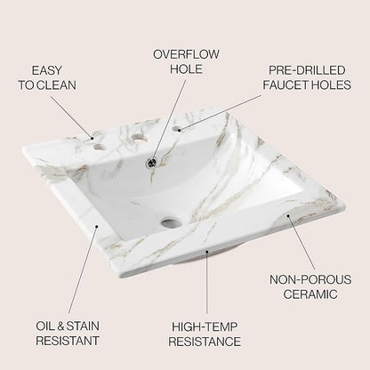 JONATHAN Y SNK1000C Ancillary 3-Hole 20 in. W x 18.25 in. D Classic Contemporary Rectangular Ceramic Single Sink Basin Vanity Top, White Marble Effect