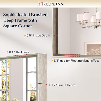 Keonjinn 55x36 Inch Nickel Bathroom Mirror for Over Sink, Rectangular | HD Tempered Glass, Vanity Mirror, Brushed Framed, Square Corner, Modern Farmhouse, Wall Mounted Mirrors, Aluminum Alloy